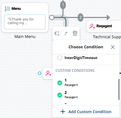 The Choose Condition menu after you click Add Custom Condition, showing the Enter Condition Name field.