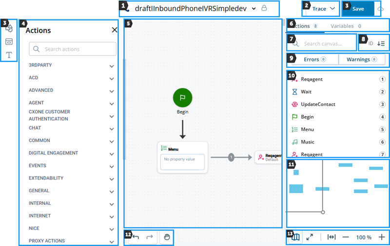 The Studio canvas window, where you create scripts. Contains the list of actions, and other options for your script. 