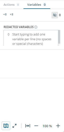 The properties pane showing the Variables tab with the list of redacted variables.