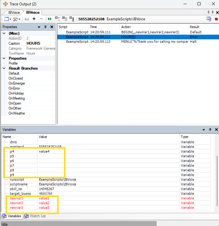 The script trace showing that the values of the first three pX vairables have been assigned to new variables. 