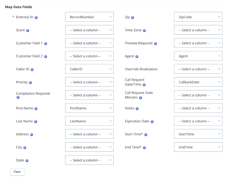 Screenshot of the Field Mapping page of the CXone calling list upload wizard