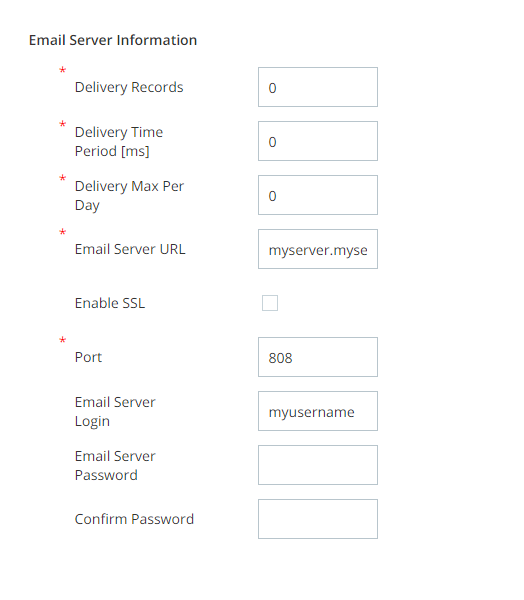 Screenshot of the Email Server Settings section of the business unit details tab