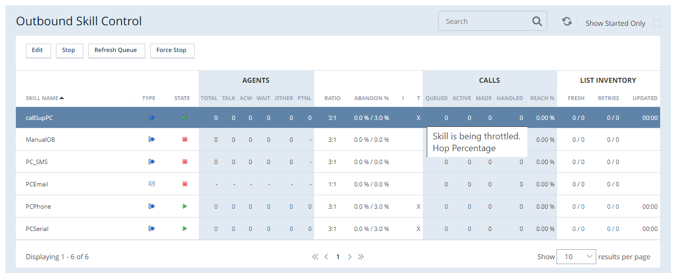 Screen capture of the Skill Control page with a throttling PC skill