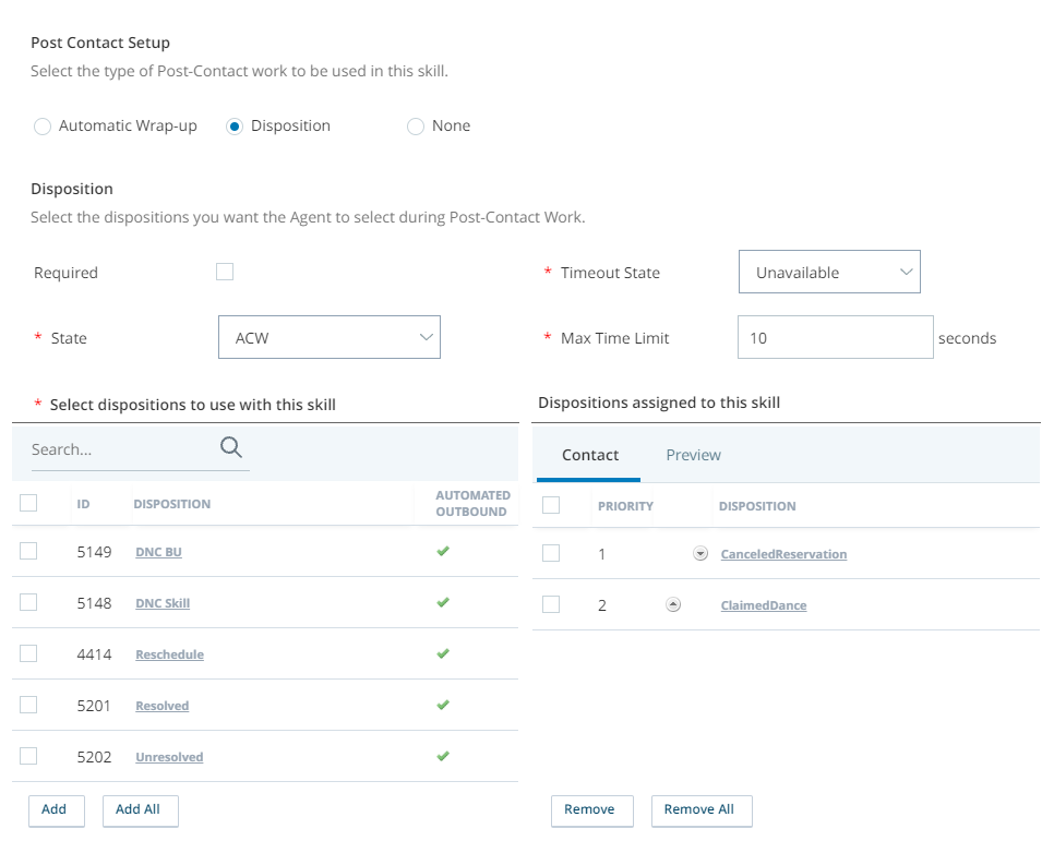 Screen capture of a PC voice skill Post Contact tab with dispositions enabled