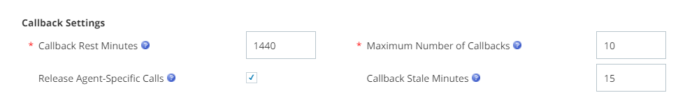 Screen capture of PC voice skill Callback Settings parameters