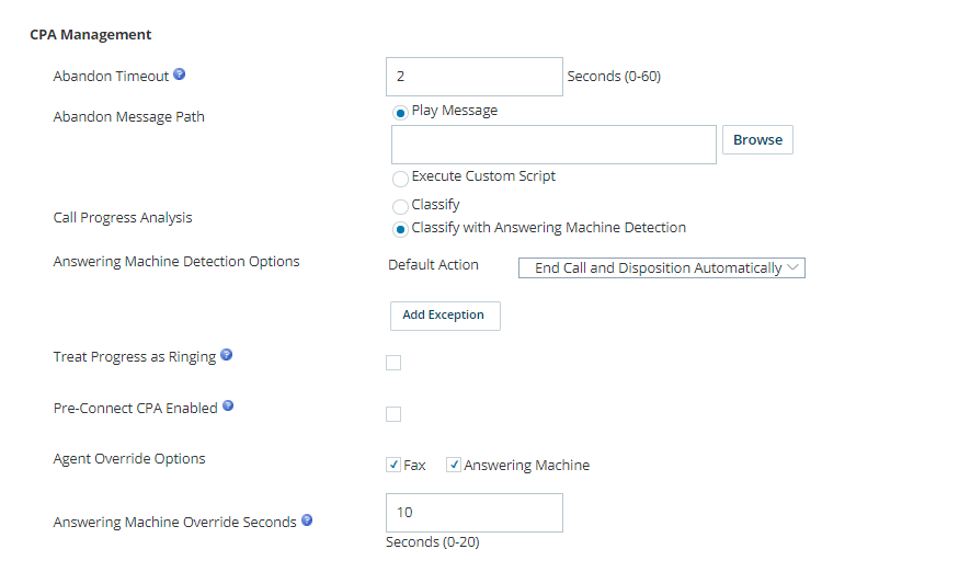 Screenshot of the CPA Management settings for a skill, found in the ACD application.