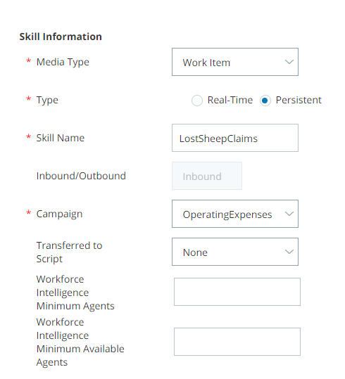 The Skill Information page in ACD, with fields for Media Type, Skill Name, Campaign, and more.