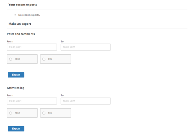 The page in the Digital Experience admin portal where you can export data to a file.