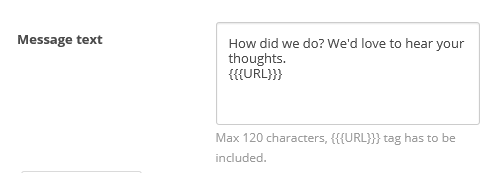 The Message Text field with an example of a message and the {{{URL}}} variable.