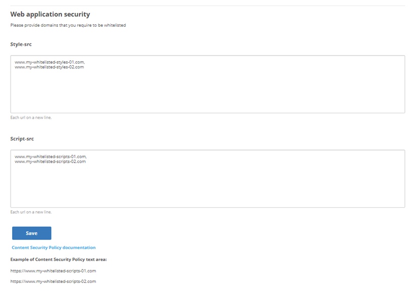 Fields and Save button for Web Application security. One field is for Style-src. The other is Script-src.
