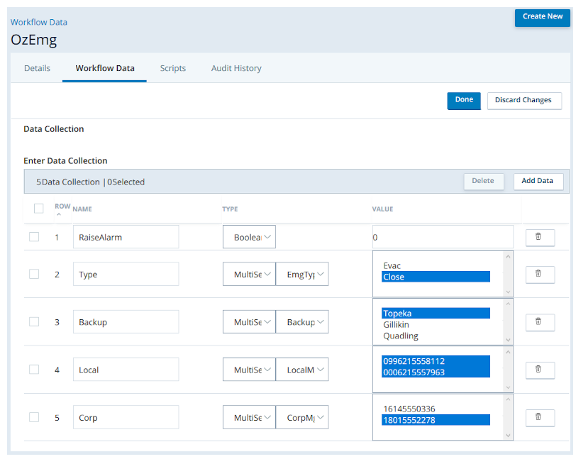 The Workflow Data tab, where you can add to the data collection and use the data in the collection.