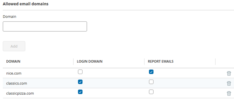 Image of an allowed email domains list, including a field to add more domains.