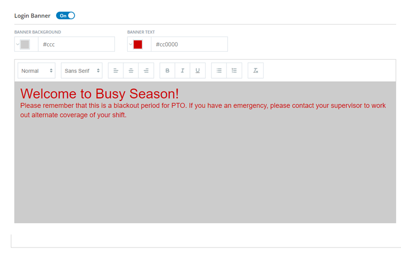 The Login Settings tab in Account Settings, showing a banner message of Welcome to the Busy Season.