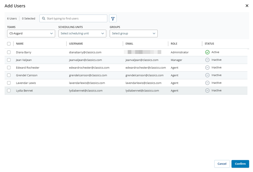 The Add Users page, where you can select the users to add to a group.
