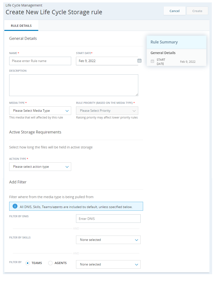 The Create New Life Cycle Storage rule page, where you can create a new rule for managing files in Cloud Storage. 