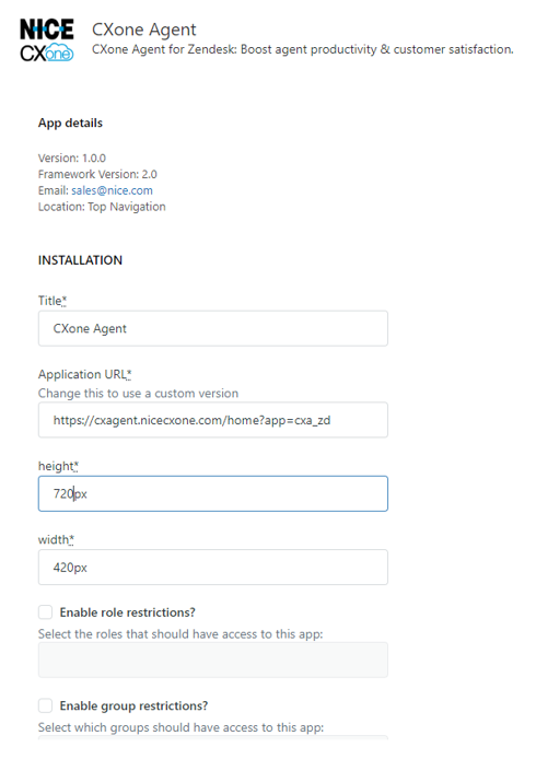 The CXone Agent form, showing fields for Title, Application URL, height, width, enable role restrictions, and enable group restrictions.