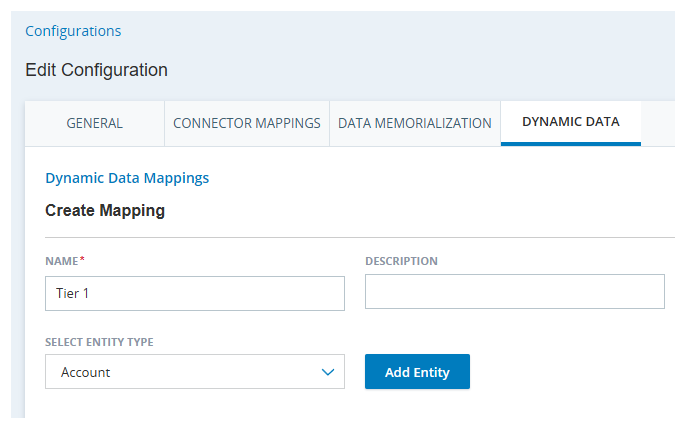 The Dynamic Data tab in CXone. Shows fields for Name, Description, and Select Entity Type. 