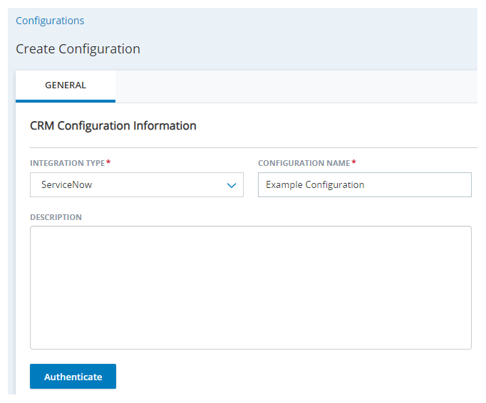 The Create New Integration page in Agent Integrations, with fields for Integration Type, Configuration Name, and Description.