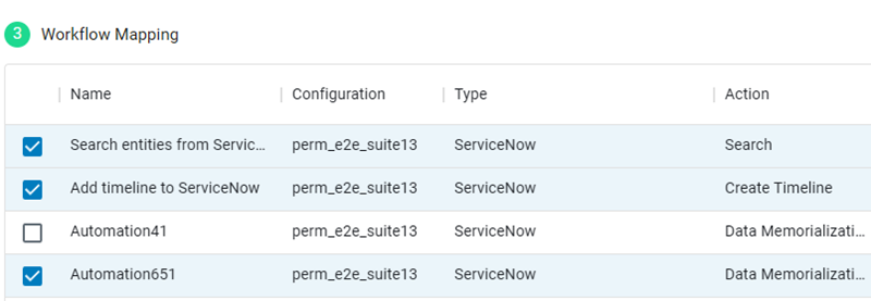 In the Workflow Mapping section, Search entities from ServiceNow and Data Memorialization are selected.