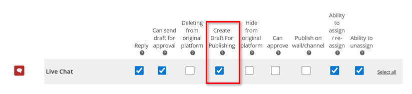 The channel name is on the left. The Create Draft for Publishing checkbox is fourth in the row next to it.