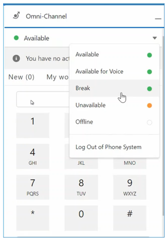 The Status bar in Agent for SCV expanded to show the available stauts options, such as Available and Offline.