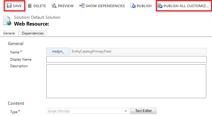 In the Web Resource pop-up, the Save and Publish All Customizations buttons are at the top.