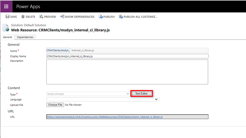 The cursor hovers over the Text Editor button, which is next to the Type field.