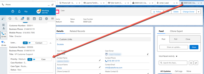 A case record is selected in Salesforce. The interaction for it opens in CXone Agent Embedded.