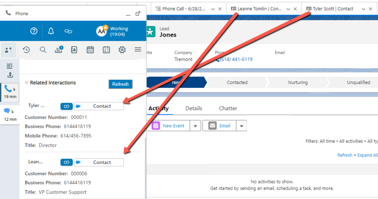 The contact records in the Related Interactions section in CXone Agent Embedded is open in Salesforce but not focused.