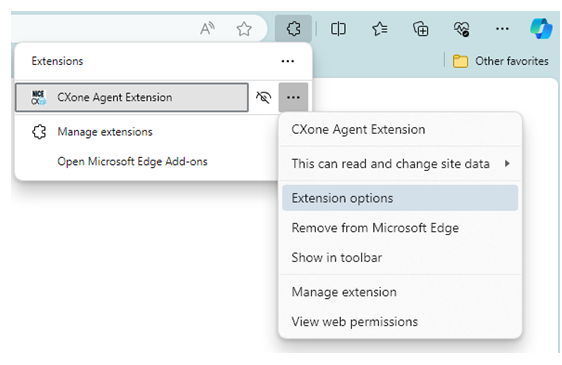 Options, the icon of three dots, next to CXone Agent Browser Extension is clicked. Another pop-up lists the option for Show in toolbar.