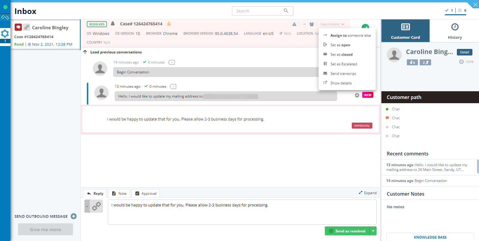 Screenshot of reassigning the case.