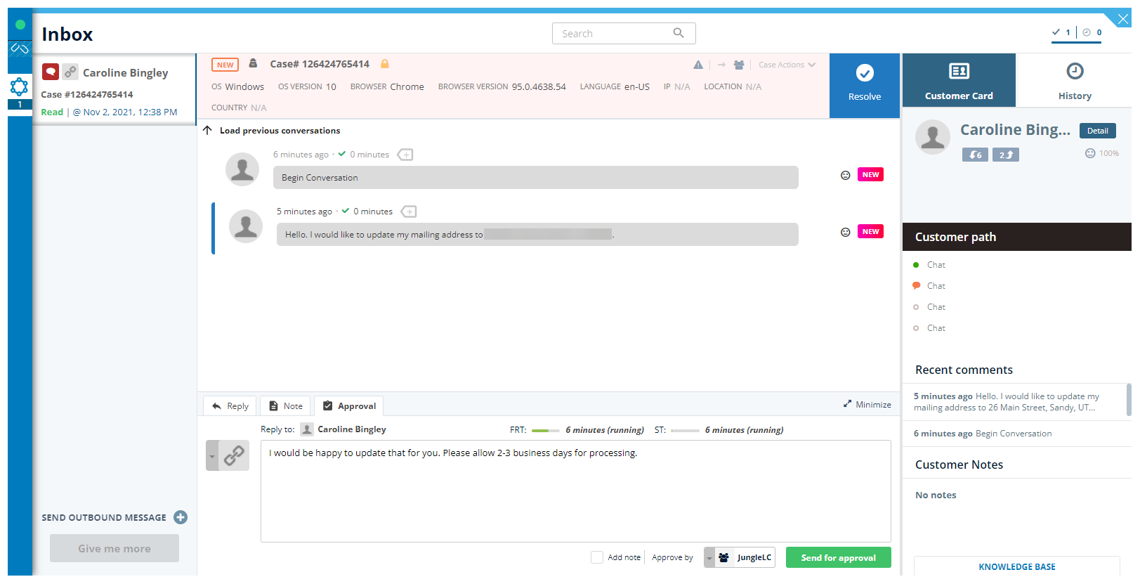 Screenshot of sending a message for approval before sending it to the customer.