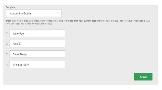 An example of a WhatsApp message template with the missing information provided in the text fields. 