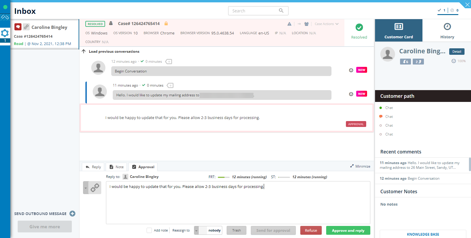 Screenshot of reviewing a pending reply.