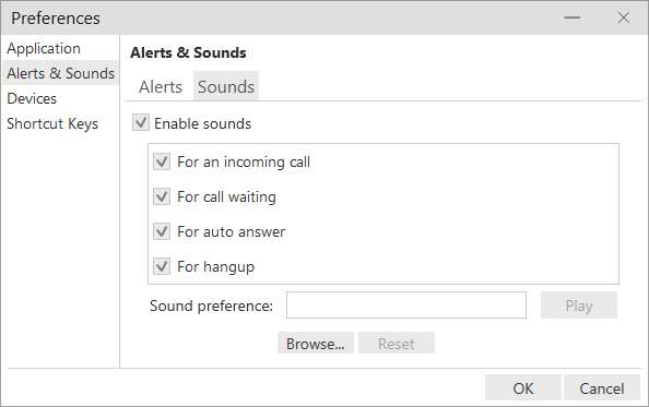 Image of the Alerts and Sounds tab of the Preferences window.