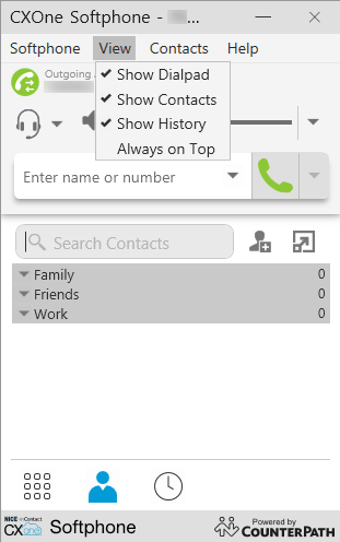 Image of the drop-down options for the View toolbar item in the CXone Softphone.