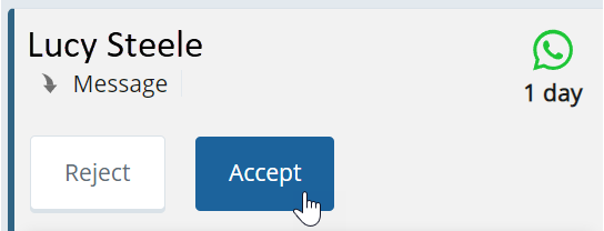 An inbound WhatsApp message in CXone Agent Integrated, with the contact's name, the WhatsApp icon, and Reject and Accept buttons.