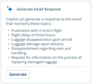 A card called Generate Email Response. A bulleted list of topics. Under that, a Generate button.
