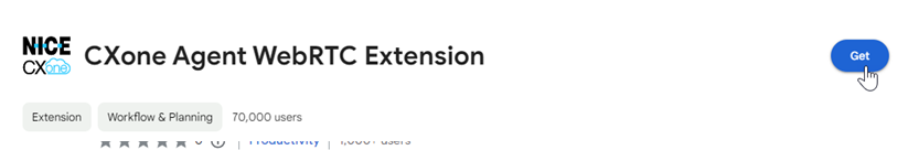 The CXone Agent WebRTC Extension in the Chrome Webstore. The cursor hovers over Get.