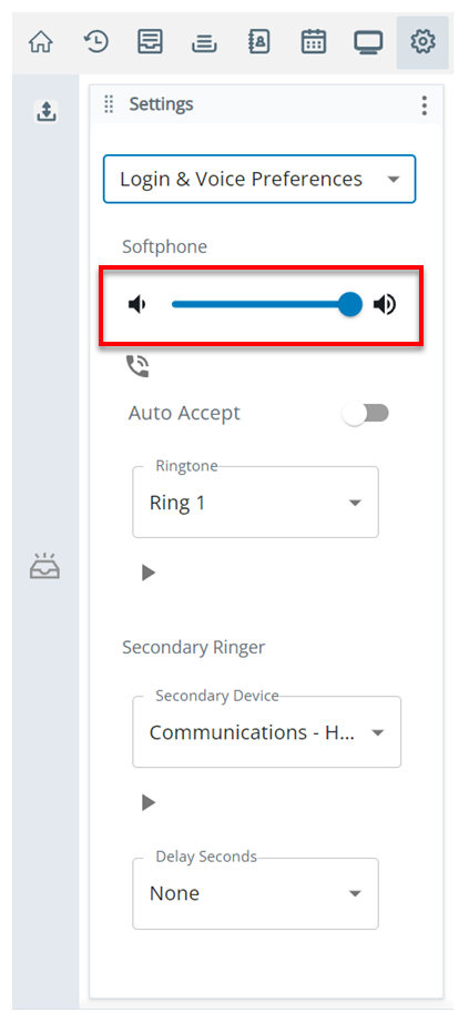 The volume adjuster is under the Softphone section on the Login and Voice Preferences page in Settings.