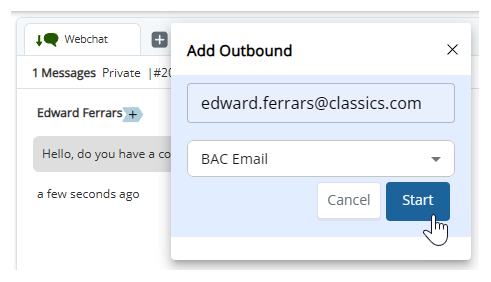 Add Outbound has been clicked. In the pop-up that appears, the agent has entered an email and selected a skill.