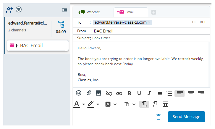 A new tab for the outbound email appears in the interaction space.