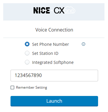 The login screen, showing these options: Set Phone Number, Set Station ID, and Integrated Softphone. Underneath, there is a Launch button.