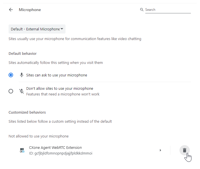 CXone Agent WebRTC Extension is listed under Not allowed to use your microphone. The cursor hovers over the Remove icon of a trash can.