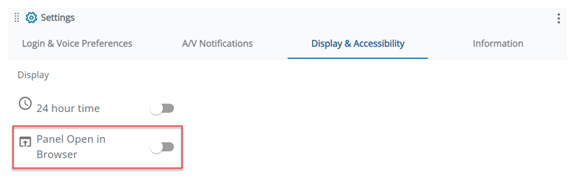 The Display and Accessibility tab in Settings. The Panel Open in Browser setting is second from the top.