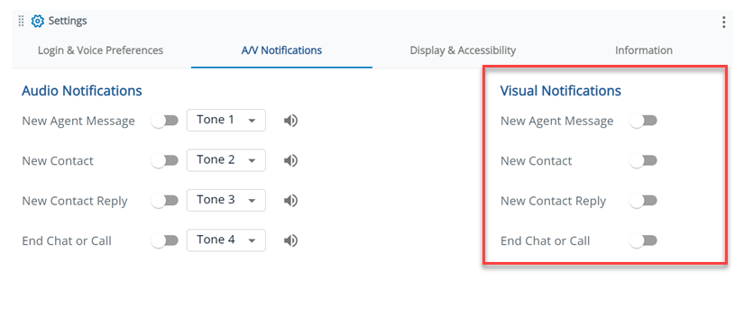 The Visual Notifications section, with options for New Agent Message, New Contact, New Contact Reply, and End Chat or Call.