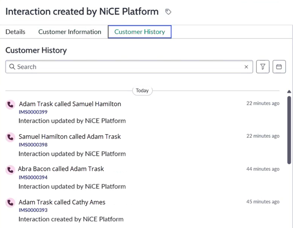 The Customer History tab in the Interacton record in Unified Agent Workspace for ServiceNow.