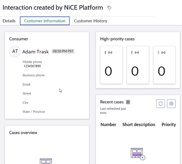 The Customer Information tab in the Interaction record in Unified Agent Workspace for ServiceNow.