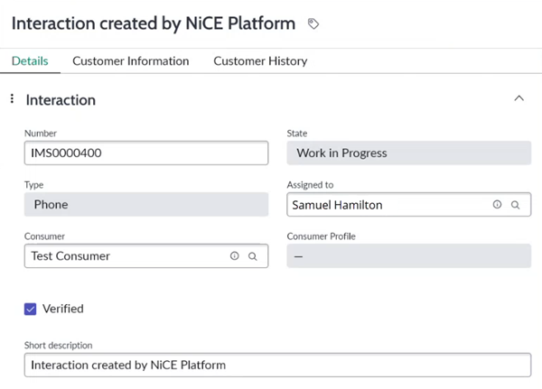 The Details tab in the Interaction record in Unified Agent Workspace for ServiceNow.