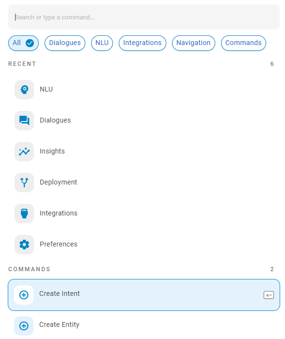 The Command bar, with a search bar at the top and options to narrow the search to dialogies, integrations, or navigation. 